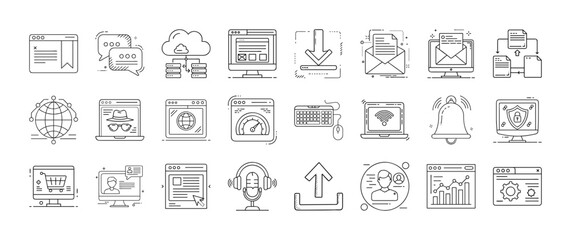 Internet, web and digital communication line icon set - Collection of thin line icons representing internet, cloud storage, downloads, email, messaging, notifications, security, networking, and online