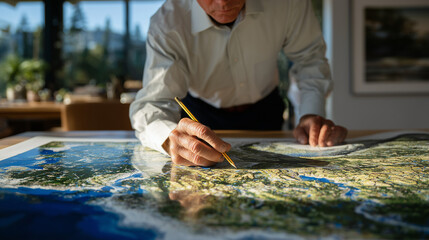 Cadastral map spread across table, man holding pencil above potential property, sunlight streaming through window highlighting detailed land divisions