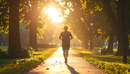Fototapeta premium Young Adult Jogging on Park Pathway at Sunrise – Healthy Lifestyle Back View, Cinematic Stock Photo