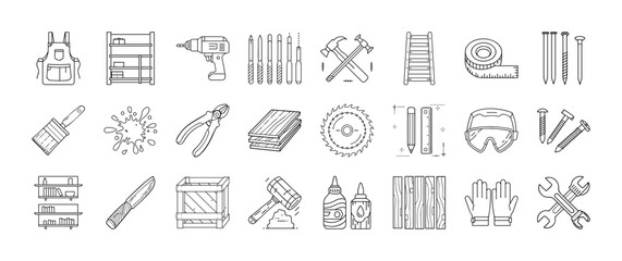 Hand drawn construction and carpentry tool icons - Set of hand drawn construction, woodworking, and repair tool icons including saws, drills, pliers, safety gear, and hardware essentials.
