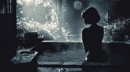 Obraz premium Woman in hot spring at night