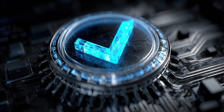 A glowing blue checkmark symbol, signifying verification and approval in the digital age.