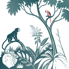 Vector illustration of a tropical rainforest scene with a monkey and parrot among lush jungle foliage, hand-drawn style, minimal color palette, wildlife-themed nature art