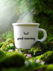 Serene Morning Coffee: Steaming Mug, Mossy Rocks, and Delicate Flowers.
