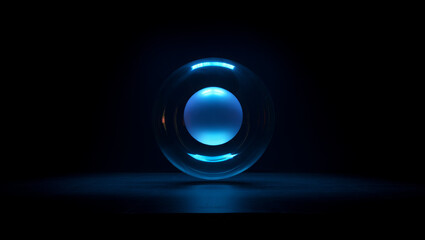 Abstract Glowing Orb: Futuristic Sci-Fi Energy Sphere, Dark Blue Neon Light, 3D Render.
