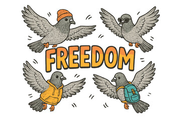 Obraz premium Pigeons dressed in colorful outfits flying with a word representing freedom in a playful illustration