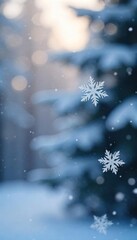 Intricate Snowflakes Gently Falling on a Blurred Winter Background - High-Resolution Image Perfect for Holiday and Nature Designs