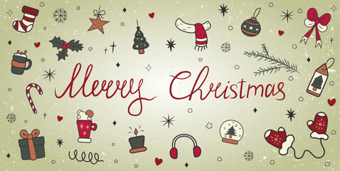 Festive Christmas wide colored doodle illustration with the inscription Merry Christmas. Suitable for cards, posters and decorations. A set of items associated with the holiday and comfort.