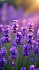 A closeup view of a lavender field at sunset, with soft purple flowers and warm golden light filtering through the plants, creating a serene and romantic atmosphere