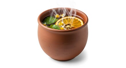 Steaming herbal tea in a clay pot with chamomile, mint, and orange slice, isolated on white background