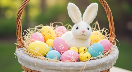 Easter Bunny and Colorful Eggs in a Basket.