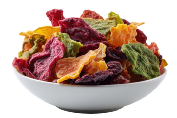Colorful, assorted dried fruit and vegetable chips in a white bowl