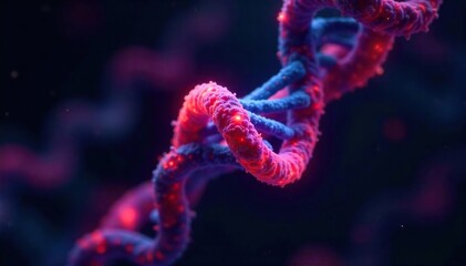 Close-up shot of DNA strands glowing vibrantly against a dark background, representing a revolutionary biotechnological advancement ,  medicine,  molecular biology,  chromosome