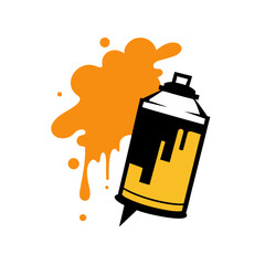 Orange spray paint can with splattered paint on black background
