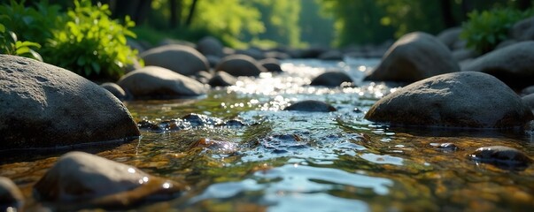 Crystal clear water flows gently over smooth stones in a serene creek spring, sunlight dappling the surface Perfect for nature, tranquility, and relaxation themes , calm, sunlight, woods