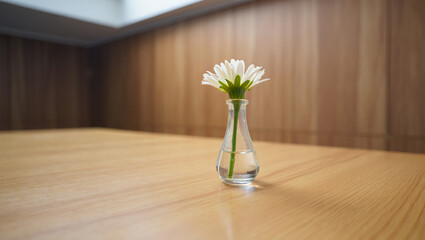 A single white daisy in a small glass vase on a wooden table