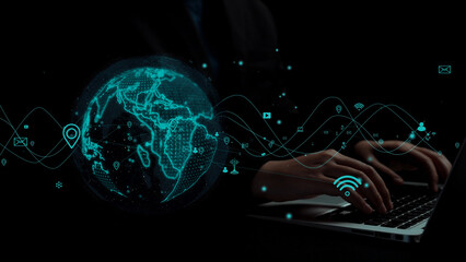 An engaging visualization of a global digital network featuring hands typing on a laptop, symbolizing connectivity, technology, and the modern digital landscape. Xenic