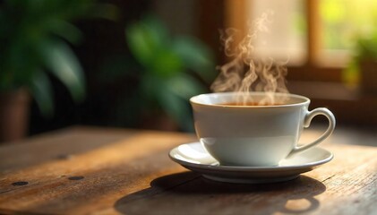 Close-up of a steaming cup of tea cooling on a wooden table, steam gently rising  A tranquil scene representing the gradual dissipation of heat ,  cooling,  warm