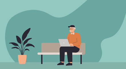 Elderly man happily uses a laptop on a bench, embracing technology for leisure, learning, or staying connected. Modern senior lifestyle.