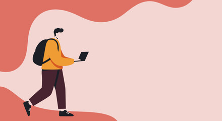 A person walks with a backpack and laptop, embodying modern work, education, and digital nomadism. Ideal for business, technology, and lifestyle concepts.