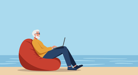 Fototapeta premium Senior man enjoying remote work on a beach, sitting comfortably in a bean bag chair. Ideal for concepts of retirement, digital nomad lifestyle, or work-life balance.