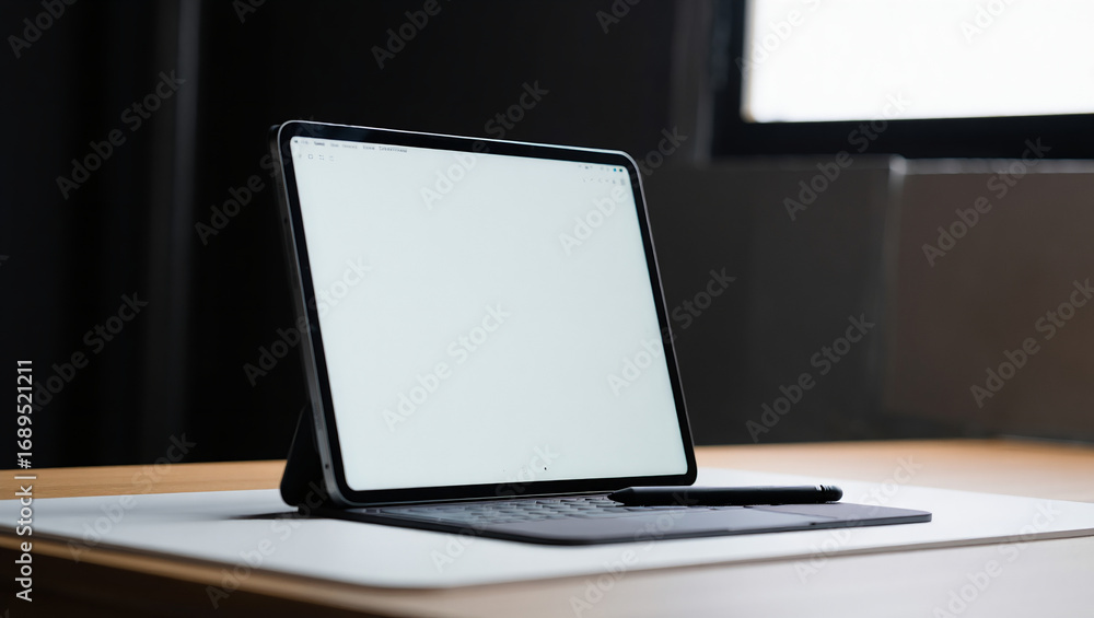 Poster modern tablet computer with stylus and keyboard on a desk in a dimly lit room