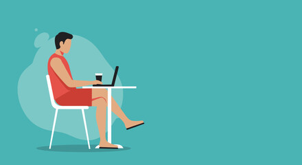 Man in casual wear working on a laptop with a drink, embodying remote work, digital nomad lifestyle, and flexible education. Blank space for text.
