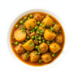 Hearty vegetable curry featuring tender potatoes and peas, cooked in spiced gravy, isolated