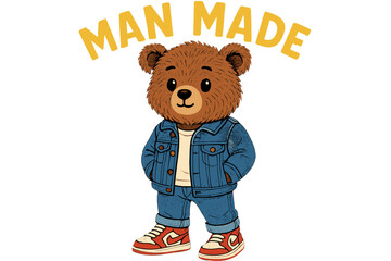 Cute cartoon bear character wearing a denim jacket and sneakers stands confidently in a playful design set against a bright backdrop