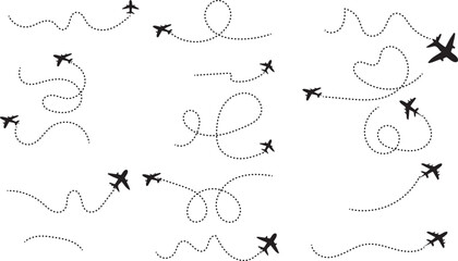 Multiple airplane flight paths illustrated with dotted lines on a white background