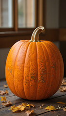 A vibrant orange pumpkin sits on a rustic wooden surface, surrounded by fallen autumn leaves, with a blurred window in the background