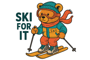 Cute bear skis down snowy slopes wearing bright winter gear and enjoying the winter adventure in a mountain setting