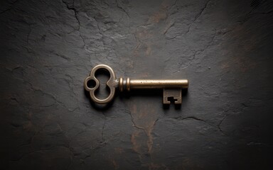 A vintage brass skeleton key lying horizontally on a dark, textured stone surface, symbolizing secrets, access, and solutions