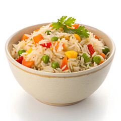 Aromatic vegetable pulao rice cooked with mixed vegetables and spices, served in a ceramic bowl,