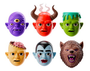 Colorful 3D cartoon monster masks set. Halloween scary faces collection perfect for party decoration, costume design, or seasonal illustration