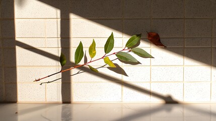 Green leaf branch and dry leaf on tiled surface sunlight Keywords: leaf, branch, green, dry, sunlight, shadow, tile