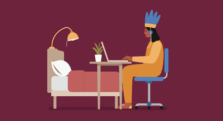 Character in traditional feather headdress works on a laptop in a home setting, illustrating remote work, online learning, and cultural diversity.