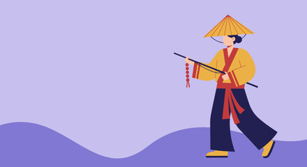 Person in traditional Asian attire, conical hat, and kimono-style clothing walks across an abstract purple landscape. Represents Asian culture, travel, and historical journey.