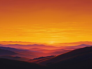 Stunning sunset paints rolling hills in vibrant orange and purple hues, creating a serene natural landscape
