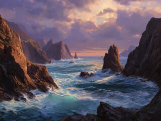 Dramatic coastal cliffs bathed in golden sunset light, powerful ocean waves crashing against rugged rocks under a majestic sky