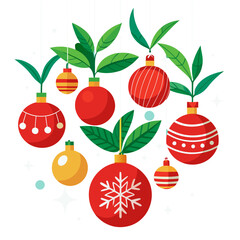 Festive christmas ornaments with green leaves and sparkles