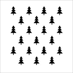 A pattern of stylized black christmas trees on a white background