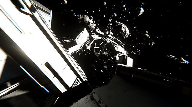 Spacecraft Collision: Debris Scatters in Zero Gravity