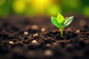 Fresh Sunflower Seeds Sown in Dark Soil, Promising a Golden Spring Harvest.  Perfect for gardening, agriculture, and nature themes; evokes growth, hope, and the beauty of springtime blooms.