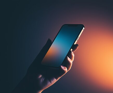 Smartphone en mano con luces ne&oacute;n futuristas, Fotograf&iacute;a minimalista de m&oacute;vil con iluminaci&oacute;n azul y naranja, mockup m&oacute;vil cripto tech inversi&oacute;n trade, mockup smartphone minimalista, m&oacute;vil futurista