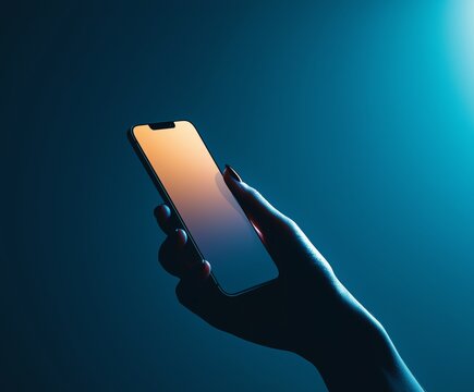 Smartphone en mano con luces ne&oacute;n futuristas, Fotograf&iacute;a minimalista de m&oacute;vil con iluminaci&oacute;n azul, mockup m&oacute;vil cripto tech inversi&oacute;n trade, mockup smartphone minimalista, m&oacute;vil futurista