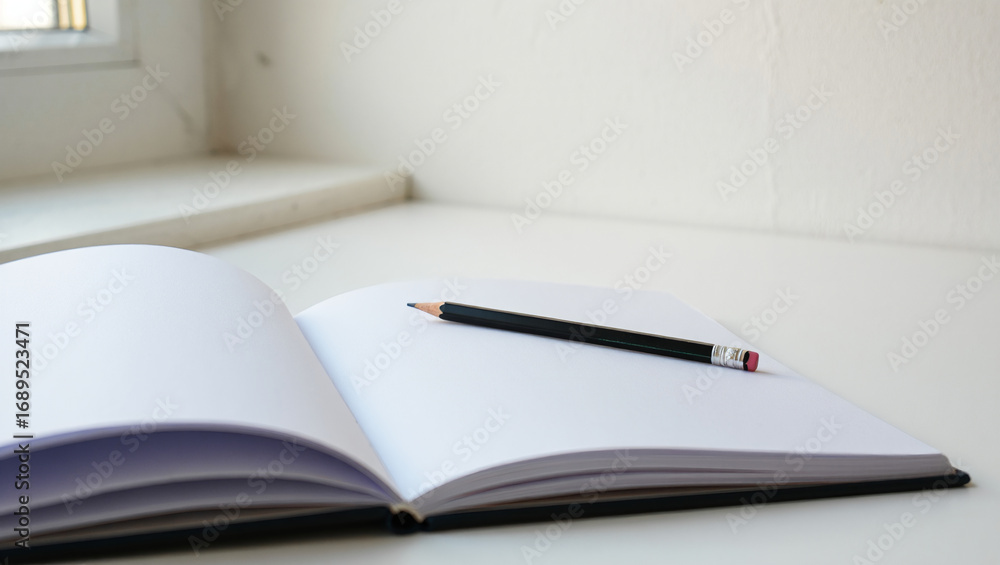 Aufkleber a pencil rests on an open blank notebook on a white surface near a window