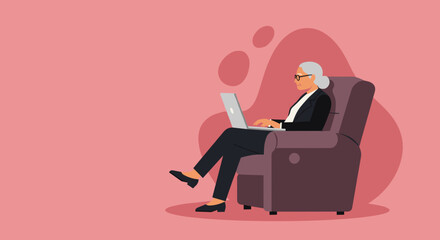 Elderly businesswoman focused on her laptop while comfortably seated in an armchair. Depicts modern senior using technology for work or learning, highlighting digital literacy and remote productivity.