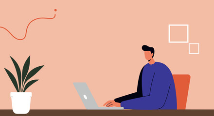 Man focused on laptop in a modern, minimalist workspace with a plant. Concept of remote work, online learning, productivity, and digital lifestyle.