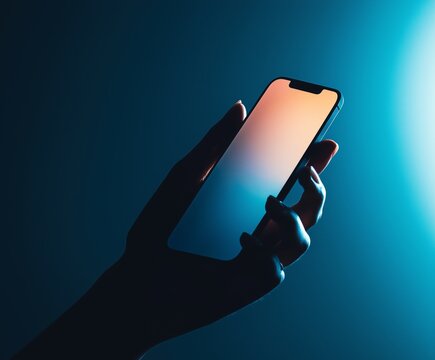 Smartphone en mano con luces ne&oacute;n futuristas, Fotograf&iacute;a minimalista de m&oacute;vil con iluminaci&oacute;n azul, mockup m&oacute;vil cripto tech inversi&oacute;n trade, mockup smartphone minimalista, m&oacute;vil futurista